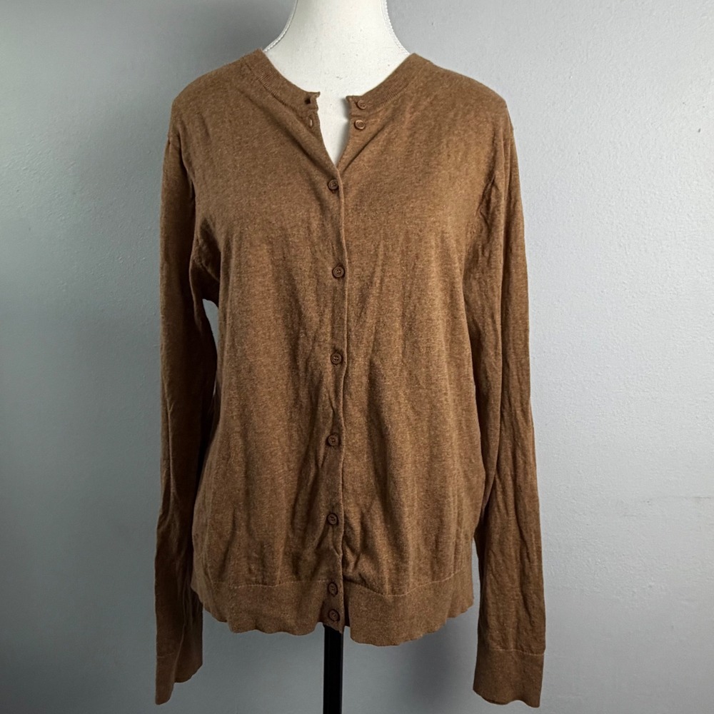 J.Crew XL Jackie Cardigan Sweater Brown Camel Cotton Button Front Quiet Luxury